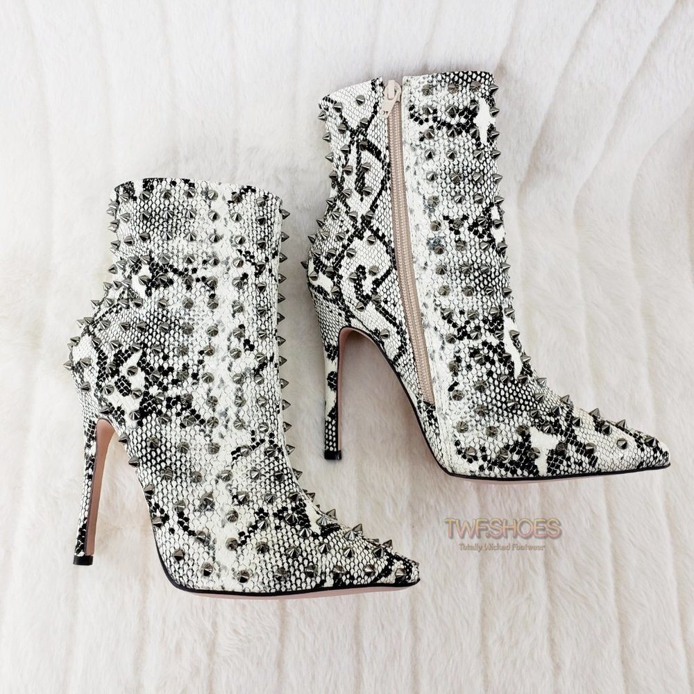 Passion Off White Black Snake Spiked 4.5" High Heel Ankle Boots - Picture 12 of 12